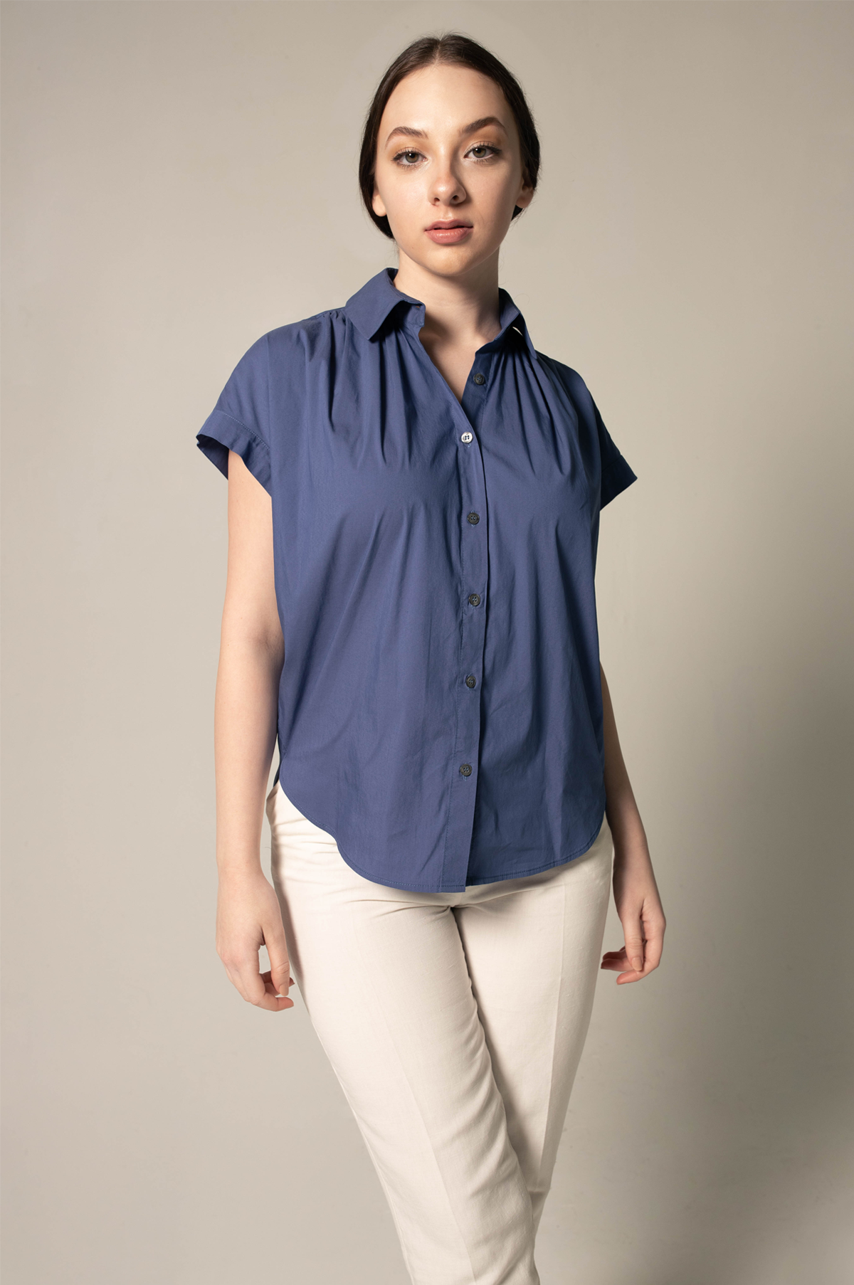 Women's Gather Collar Shirt in Navy-Le Réussi-S-navy-blue-Urbanheer