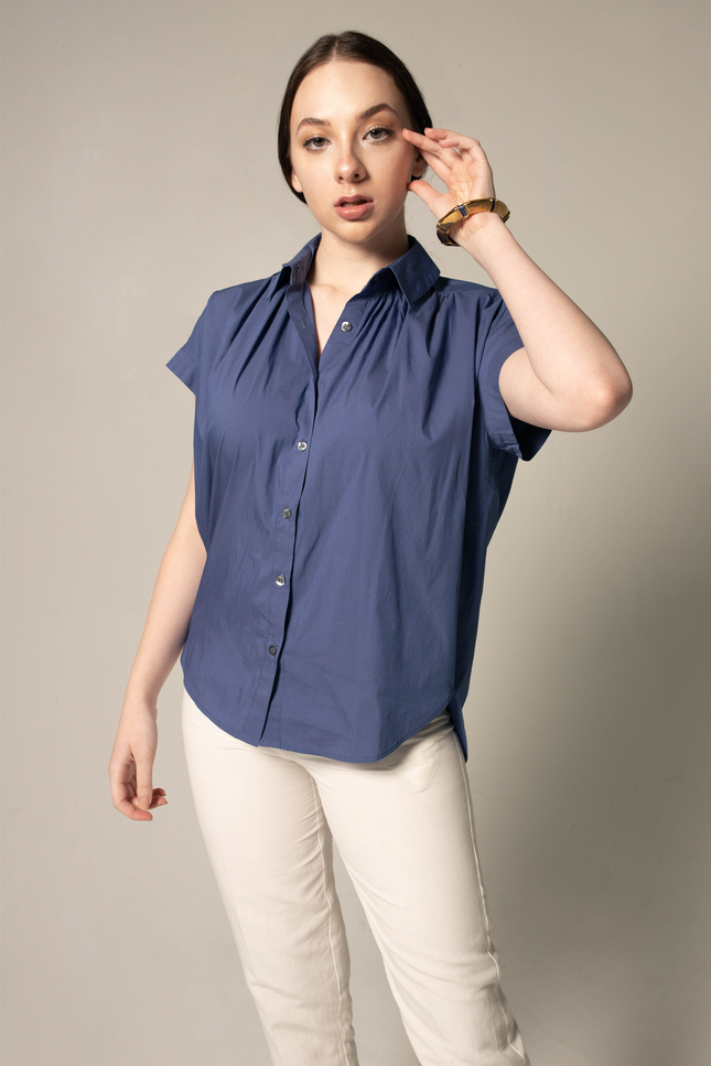 Women's Gather Collar Shirt in Navy-Le Réussi-Urbanheer