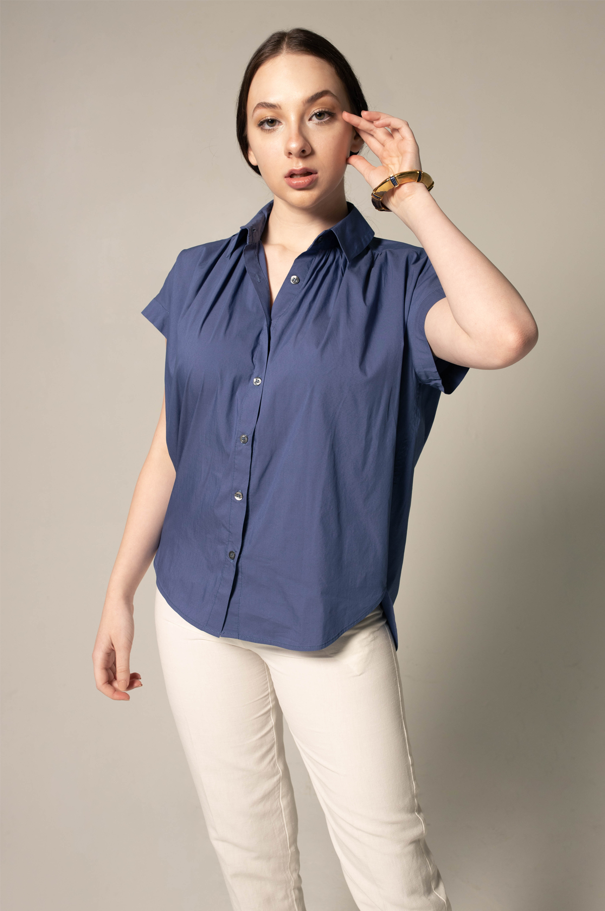 Women's Gather Collar Shirt in Navy-Le Réussi-S-navy-blue-Urbanheer