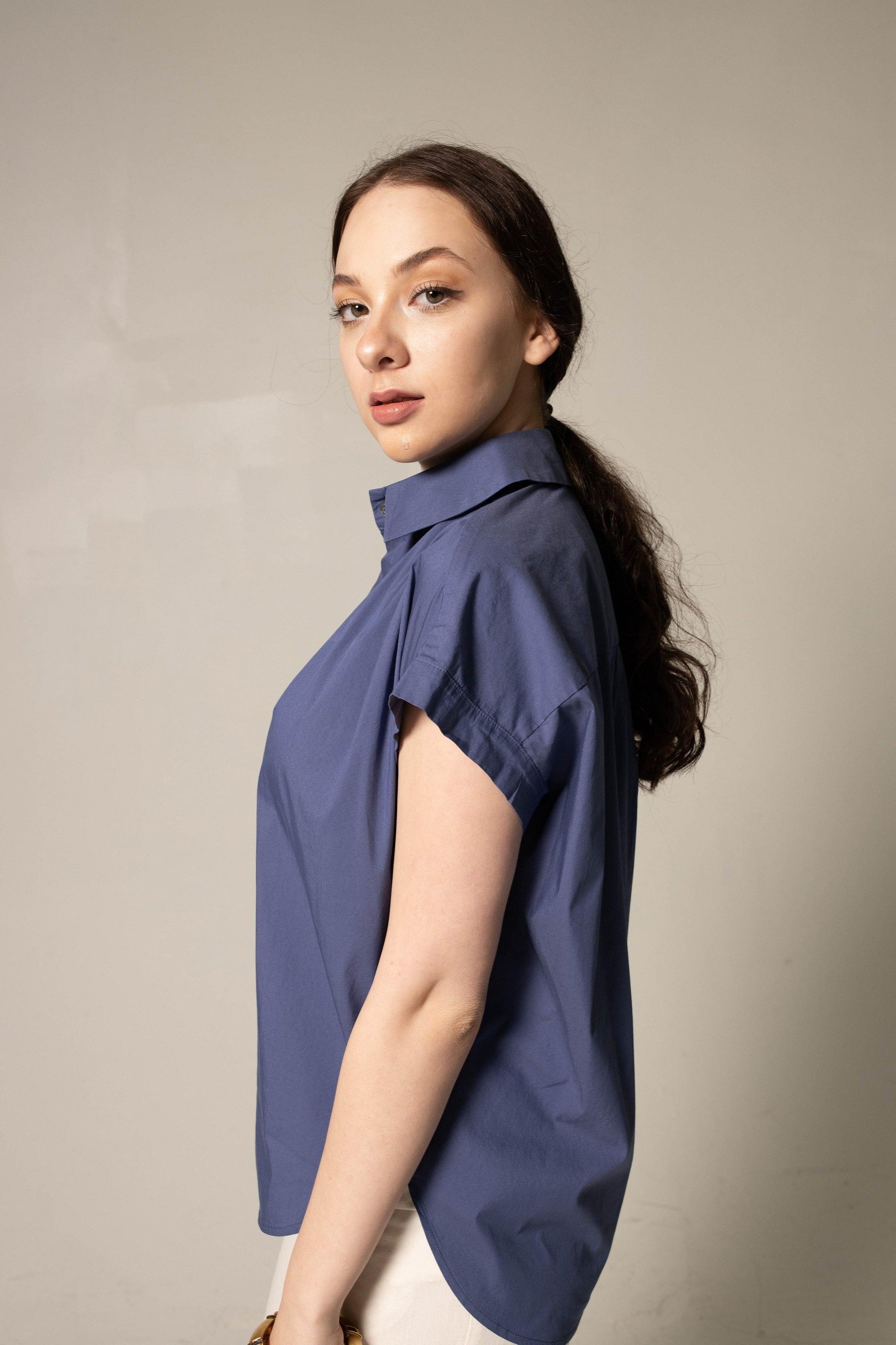 Women's Gather Collar Shirt in Navy-Le Réussi-S-navy-blue-Urbanheer