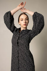Italian Cotton Shirt Dress with Oversized Sleeves in Black Floral