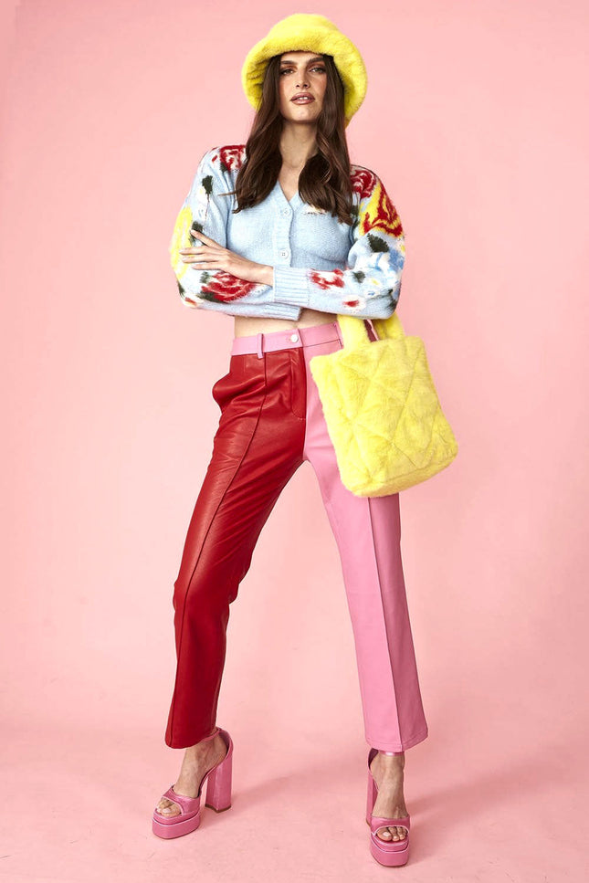 Patchwork Pink Red Faux Leather Trousers-Bottoms-Buy Me Fur Ltd-One Size-Pink / Red-Faux Leather-Urbanheer