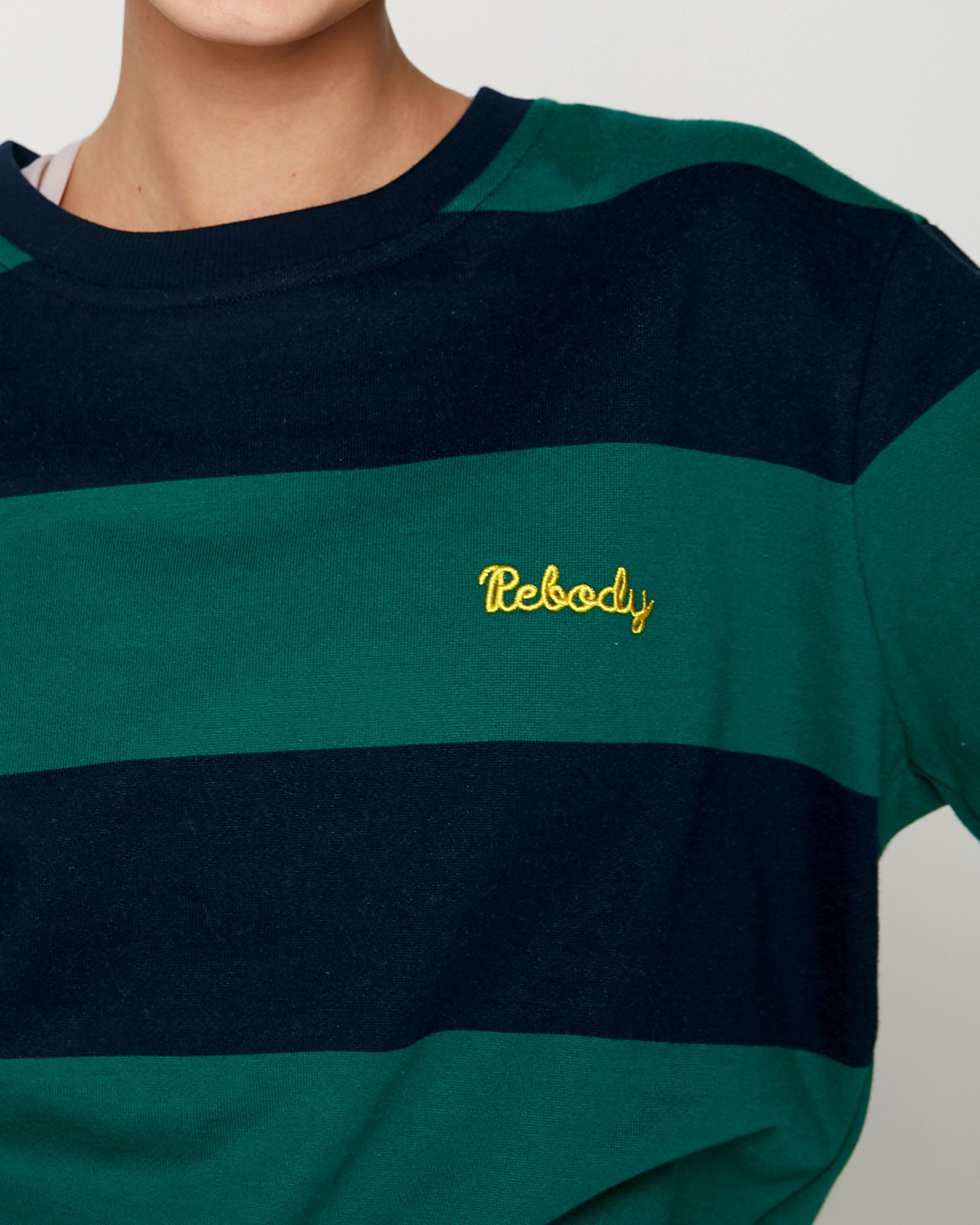Embroidered Rebody Rugby Striped Sweatshirt Sustainable-Clothing - Women-rebody-XS-Navy/Green-Urbanheer