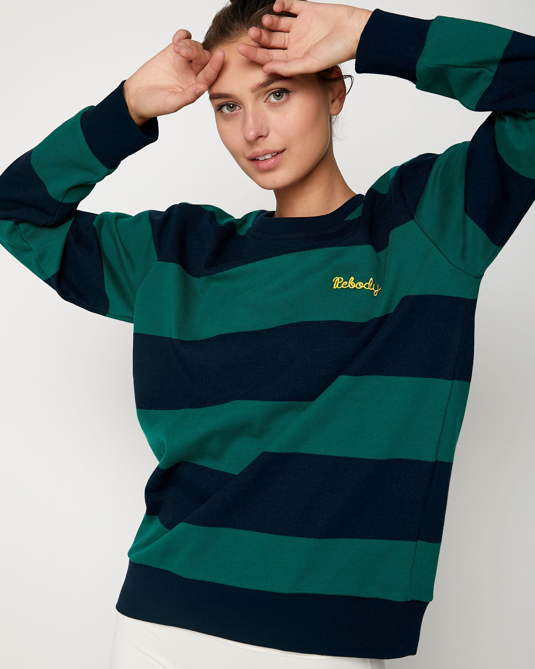 Embroidered Rebody Rugby Striped Sweatshirt Sustainable-Clothing - Women-rebody-XS-Navy/Green-Urbanheer