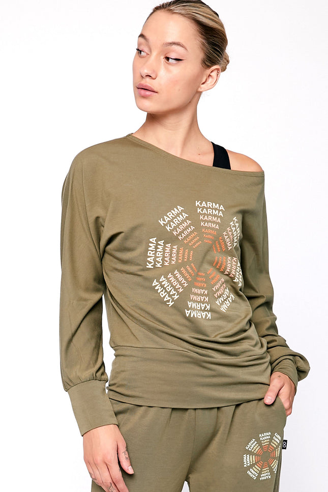 Karma Graphic Viscose Blend Long Sleeve Top-Clothing - Women-rebody-Olive/Print-XS-Urbanheer