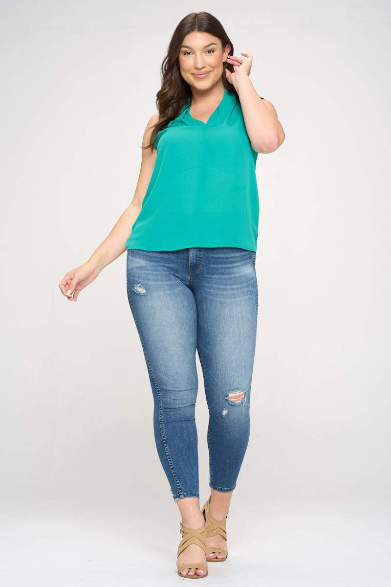 Solid Color V Neck Top With Drape Neckline-Renee C.-1X-GREEN-Urbanheer