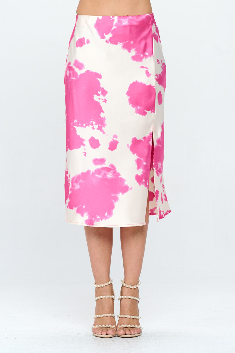 Cow Print Satin Midi Skirt With Slit-Renee C.-1X-FUSCHIA-Urbanheer