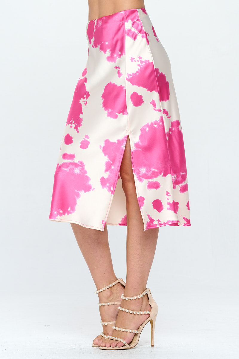 Cow Print Satin Midi Skirt With Slit-Renee C.-1X-FUSCHIA-Urbanheer