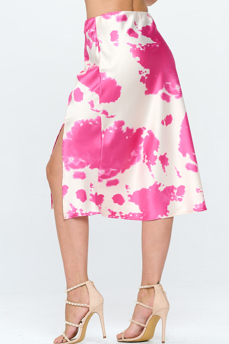 Cow Print Satin Midi Skirt With Slit-Renee C.-1X-FUSCHIA-Urbanheer