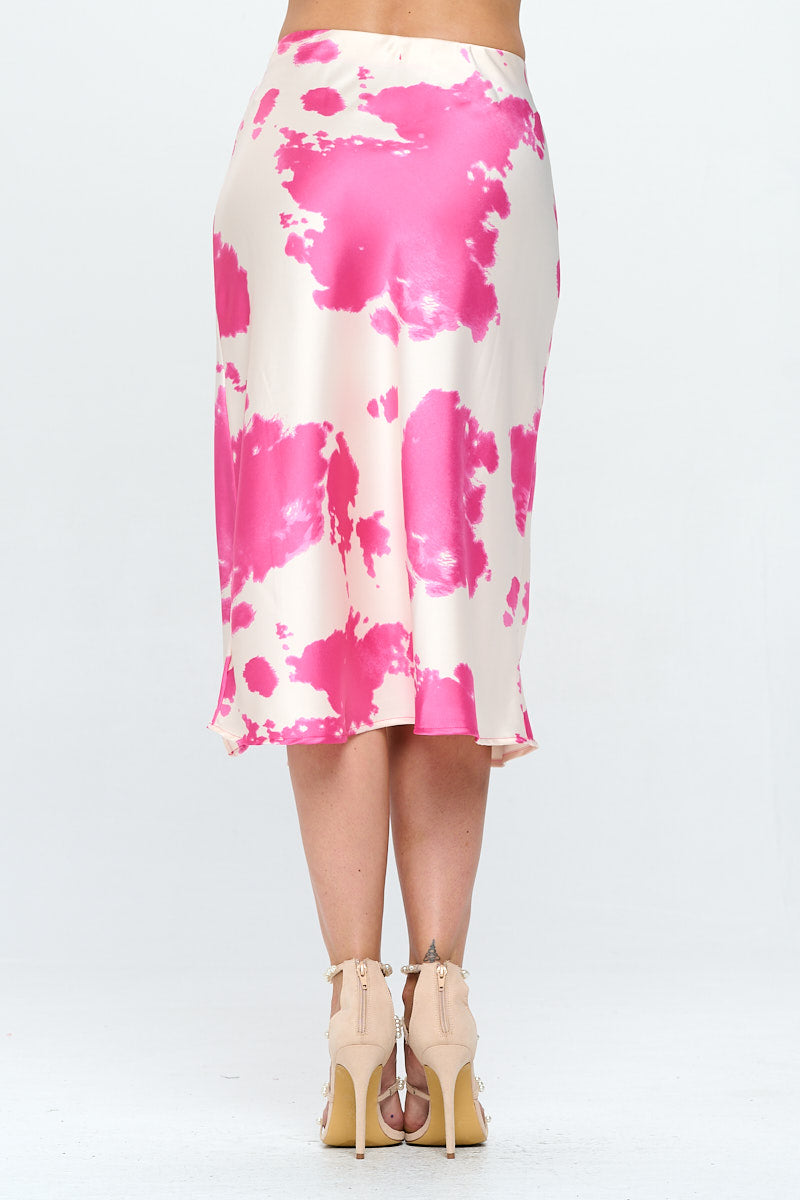Cow Print Satin Midi Skirt With Slit-Renee C.-1X-FUSCHIA-Urbanheer