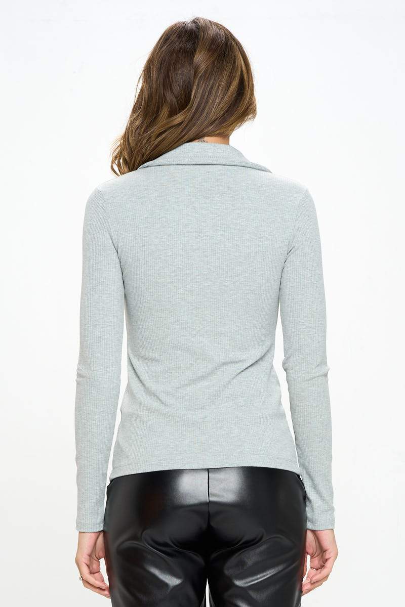 Rib Knit Collar V Neck Top-Renee C.-LARGE-HEATHER GREY-Urbanheer