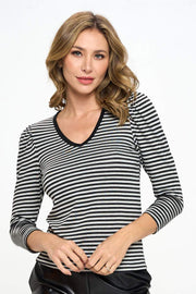 Striped V Neck Top-Renee C.-LARGE-GREY/BLACK-Urbanheer