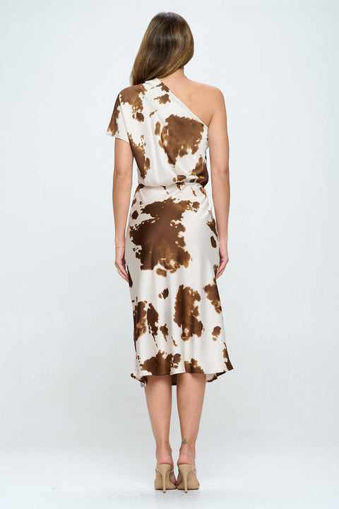 Cow Print Stretch Satin One Shoulder Dress-Renee C.-LARGE-BROWN-Urbanheer