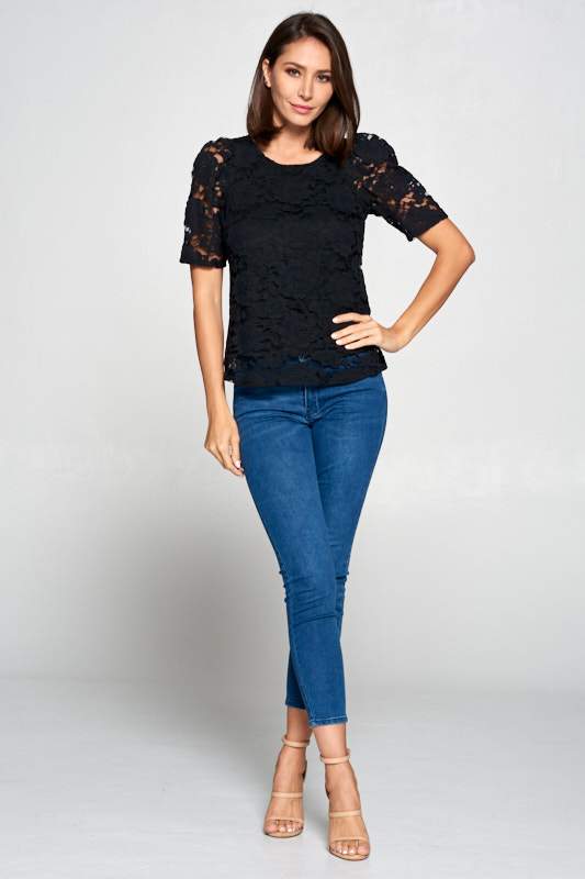 Lace Short Sleeve Top-Renee C.-LARGE-BLACK-Urbanheer