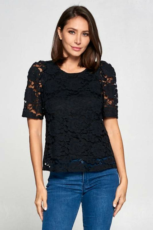 Lace Short Sleeve Top-Renee C.-LARGE-BLACK-Urbanheer