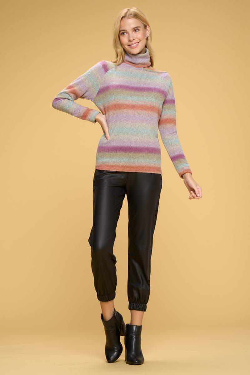 Ombre Cold Shoulder Turtleneck Top-Renee C.-LARGE-PINK-Urbanheer