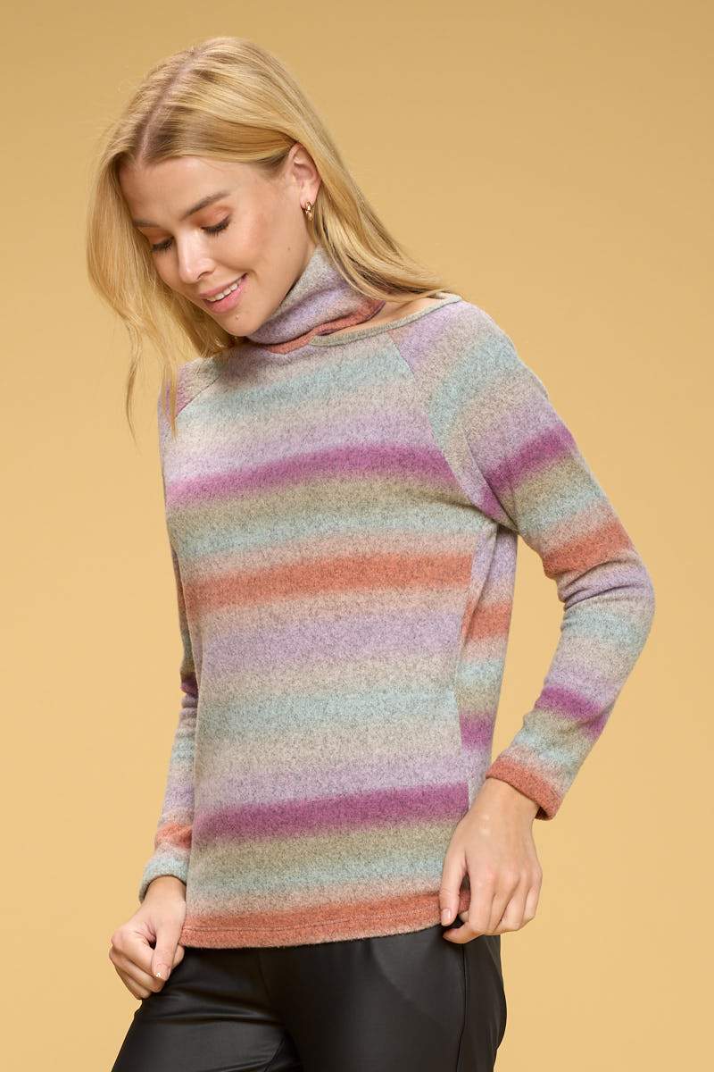 Ombre Cold Shoulder Turtleneck Top-Renee C.-LARGE-PINK-Urbanheer