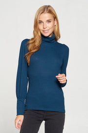 Striped Turtleneck Top With Cuffed Puff Sleeve-Renee C.-LARGE-TEAL BLACK-Urbanheer