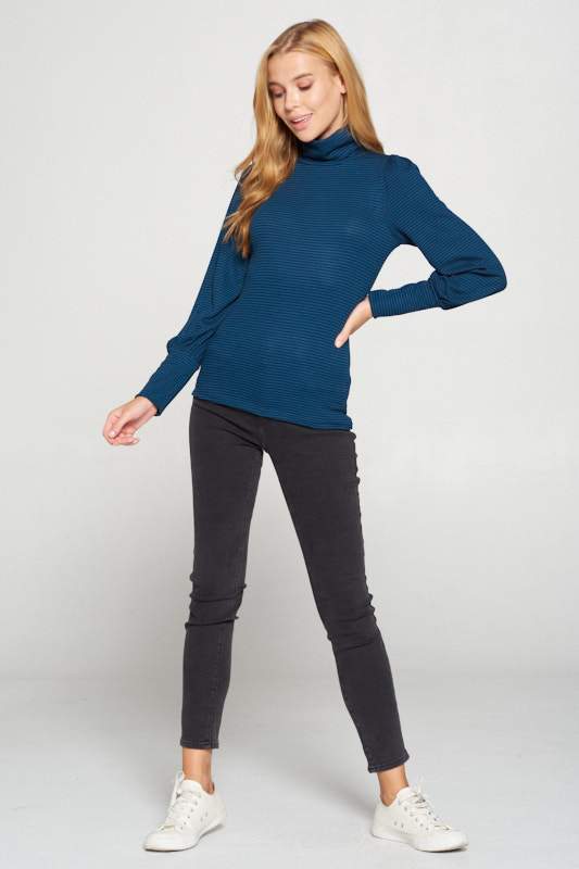 Striped Turtleneck Top With Cuffed Puff Sleeve-Renee C.-LARGE-TEAL BLACK-Urbanheer