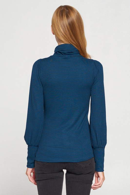 Striped Turtleneck Top With Cuffed Puff Sleeve-Renee C.-LARGE-TEAL BLACK-Urbanheer