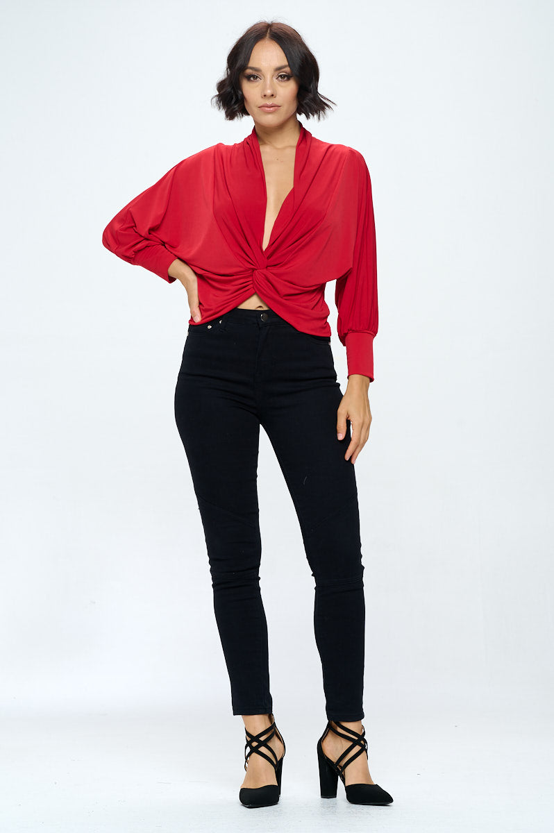 Knit Fabric Deep Cowl Neck Top With Front Twist-Renee C.-1X-RED-Urbanheer