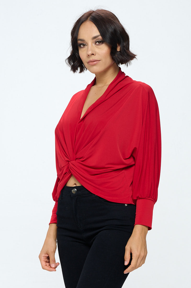 Knit Fabric Deep Cowl Neck Top With Front Twist-Renee C.-1X-RED-Urbanheer