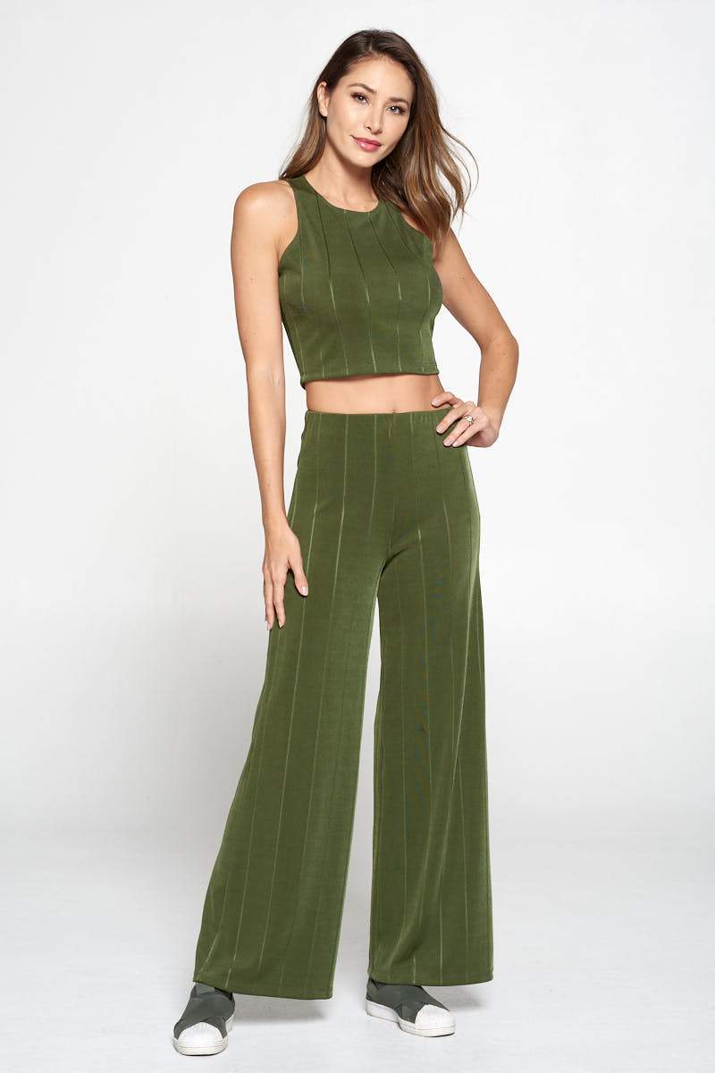 Olive Knit Palazzo Pants With Striped Detail-Renee C.-LARGE-OLIVE-Urbanheer