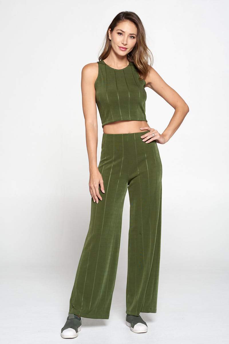 Olive Knit Palazzo Pants With Striped Detail-Renee C.-LARGE-OLIVE-Urbanheer