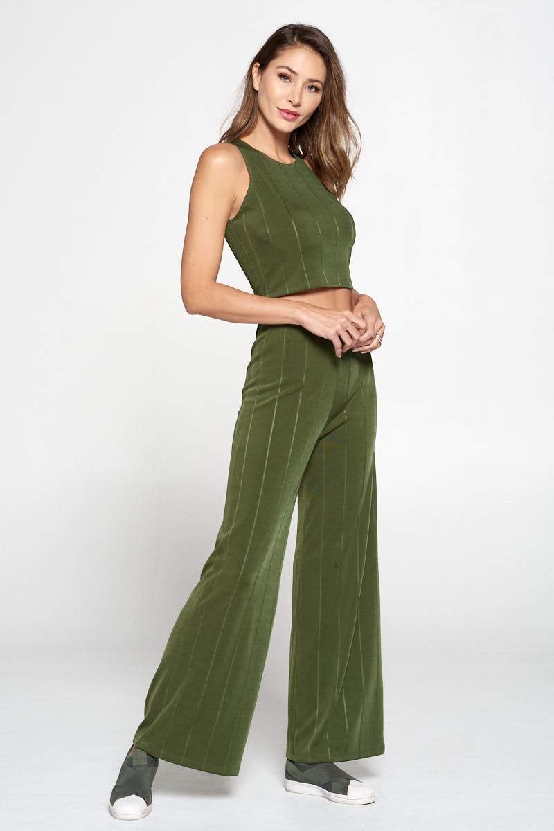 Olive Knit Palazzo Pants With Striped Detail-Renee C.-LARGE-OLIVE-Urbanheer