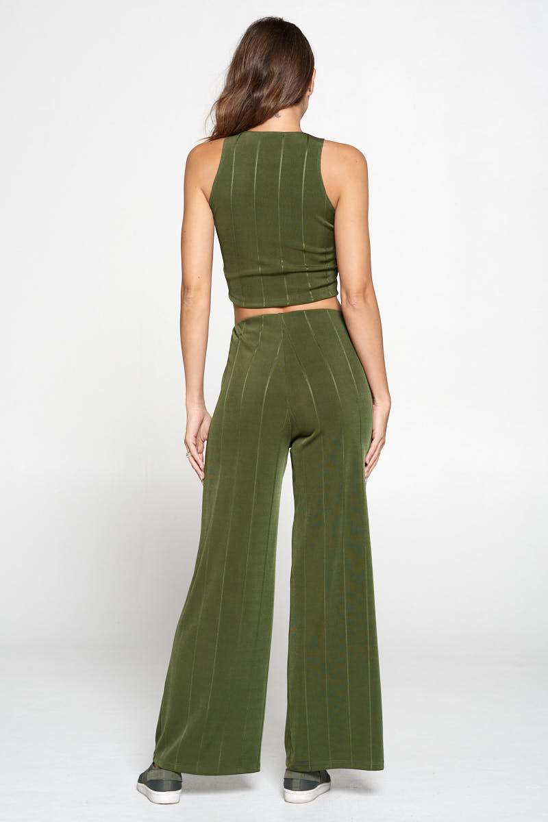 Olive Knit Palazzo Pants With Striped Detail-Renee C.-LARGE-OLIVE-Urbanheer