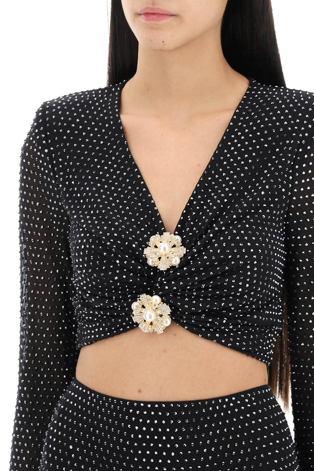 Self portrait rhinestone-studded cropped top with diamanté brooches
