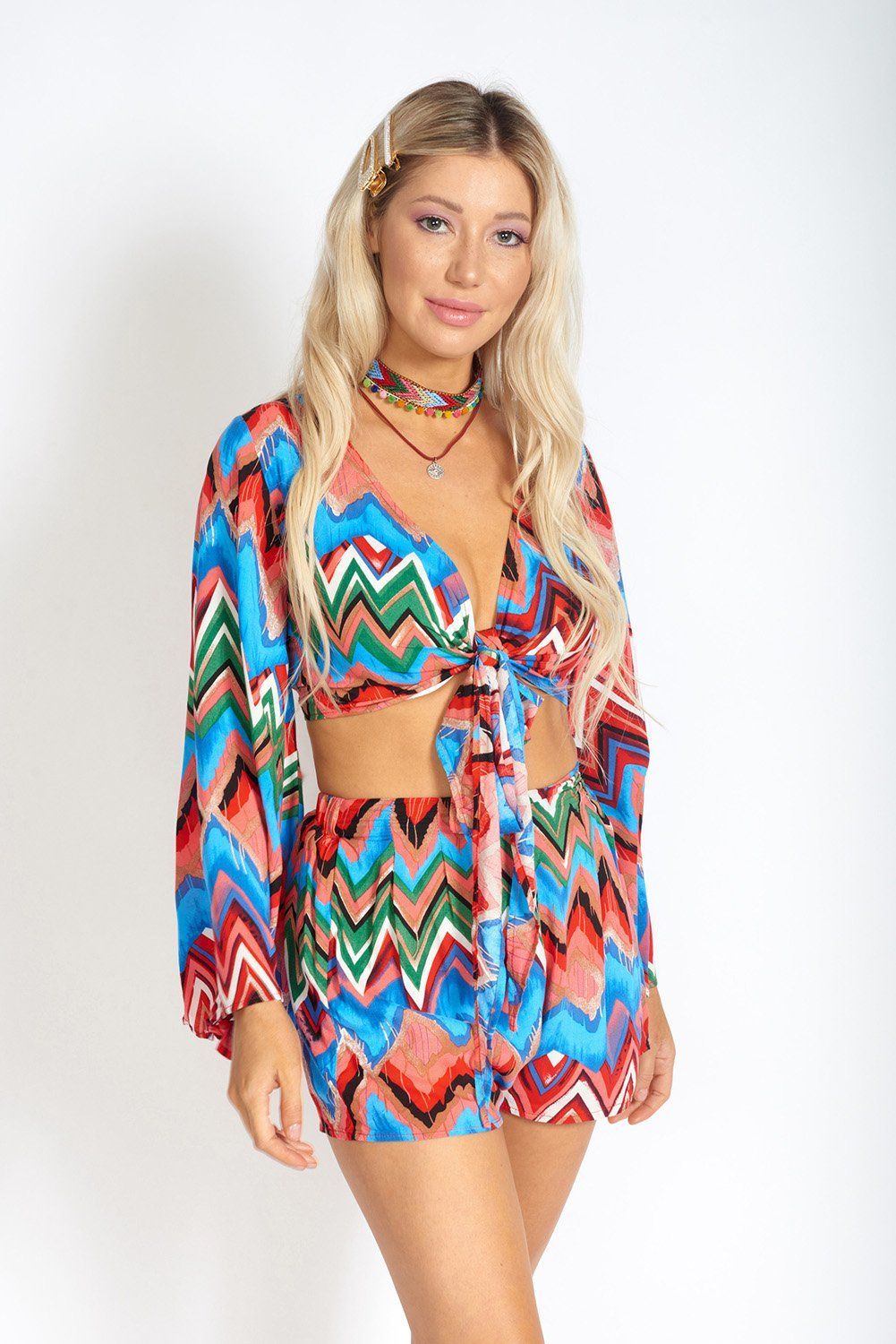 Rainbow Waves Bohemian Front Tying Crop Top-Azure Thanatos-L-Rainbow-Urbanheer