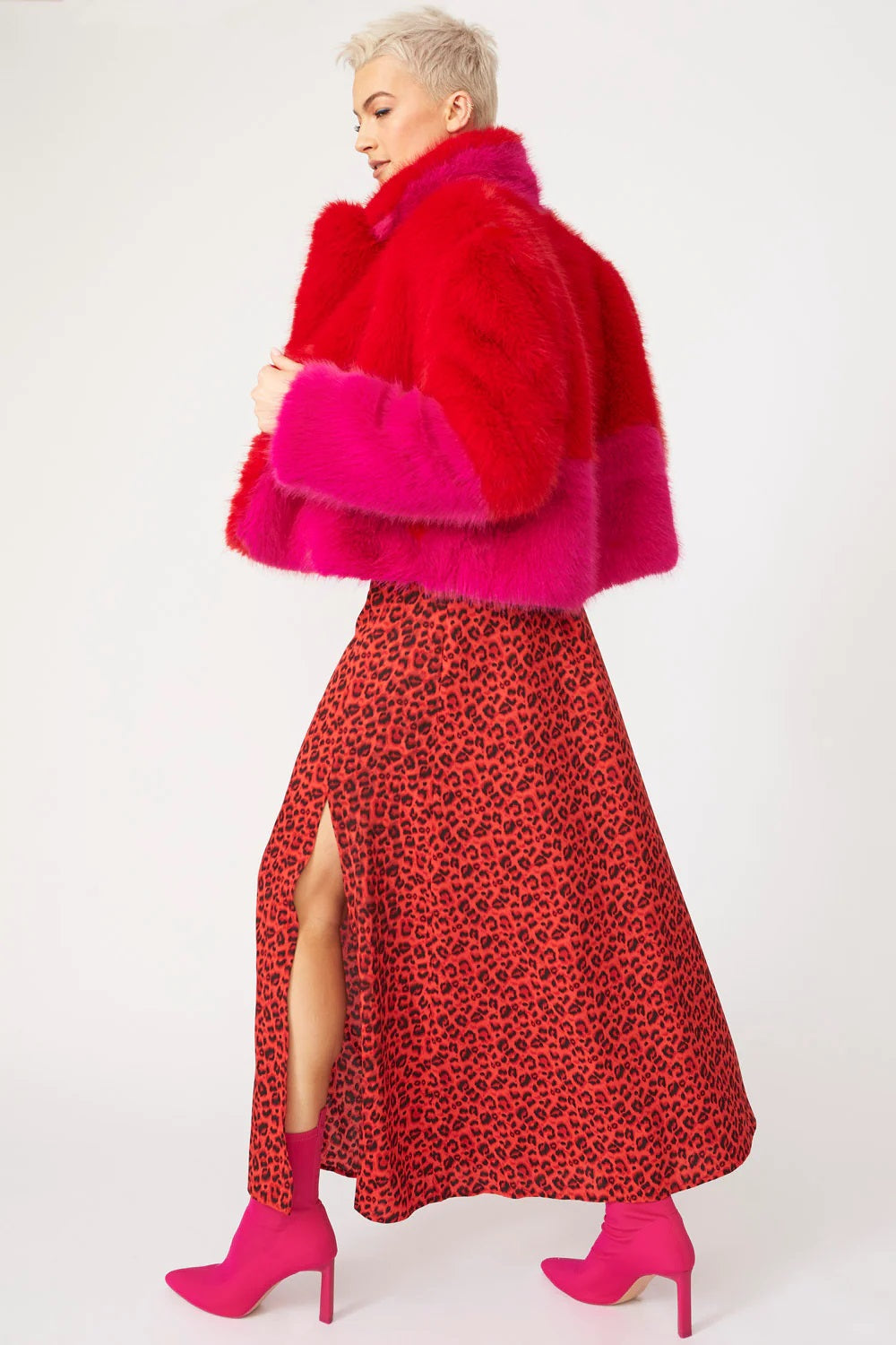 Red Pink Bamboo Faux Fur Double Cropped Coat-Faux Fur Coats-Buy Me Fur Ltd-L-XL-Red / Pink-Faux Fur-Urbanheer