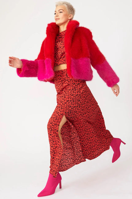 Red Pink Bamboo Faux Fur Double Cropped Coat-Faux Fur Coats-Buy Me Fur Ltd-S-M-Red / Pink-Faux Fur-Urbanheer