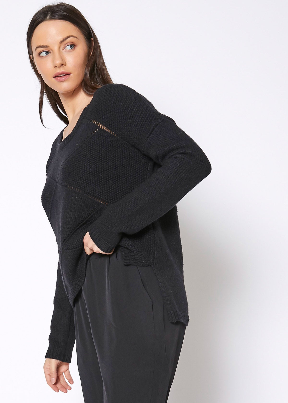 Women'S Eyelet Cutout Hi Lo Sweater-Lemon Hera-L-Black-Urbanheer