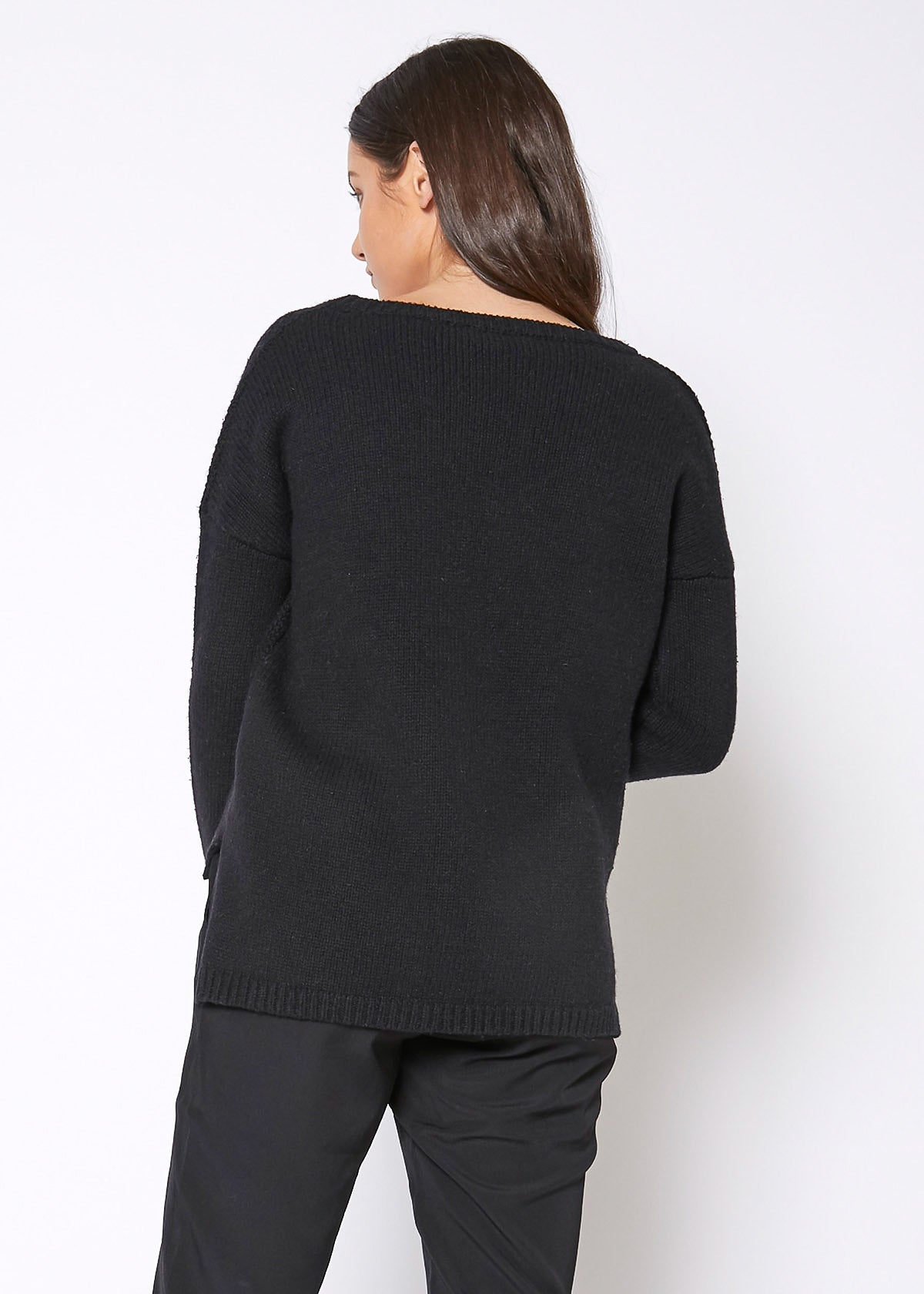 Women'S Eyelet Cutout Hi Lo Sweater-Lemon Hera-L-Black-Urbanheer