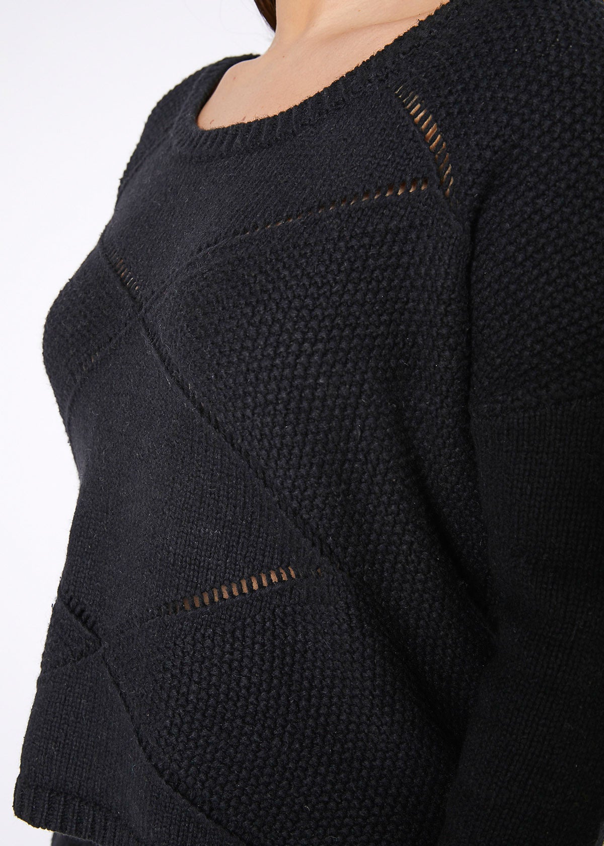 Women'S Eyelet Cutout Hi Lo Sweater-Lemon Hera-L-Black-Urbanheer