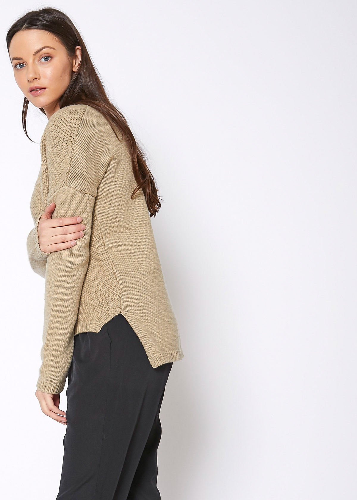 Women'S Eyelet Cutout Hi Lo Sweater-Lemon Hera-L-Black-Urbanheer