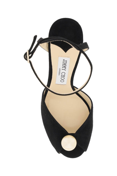 Jimmy choo sacora 85 suede sandals with pearl ball