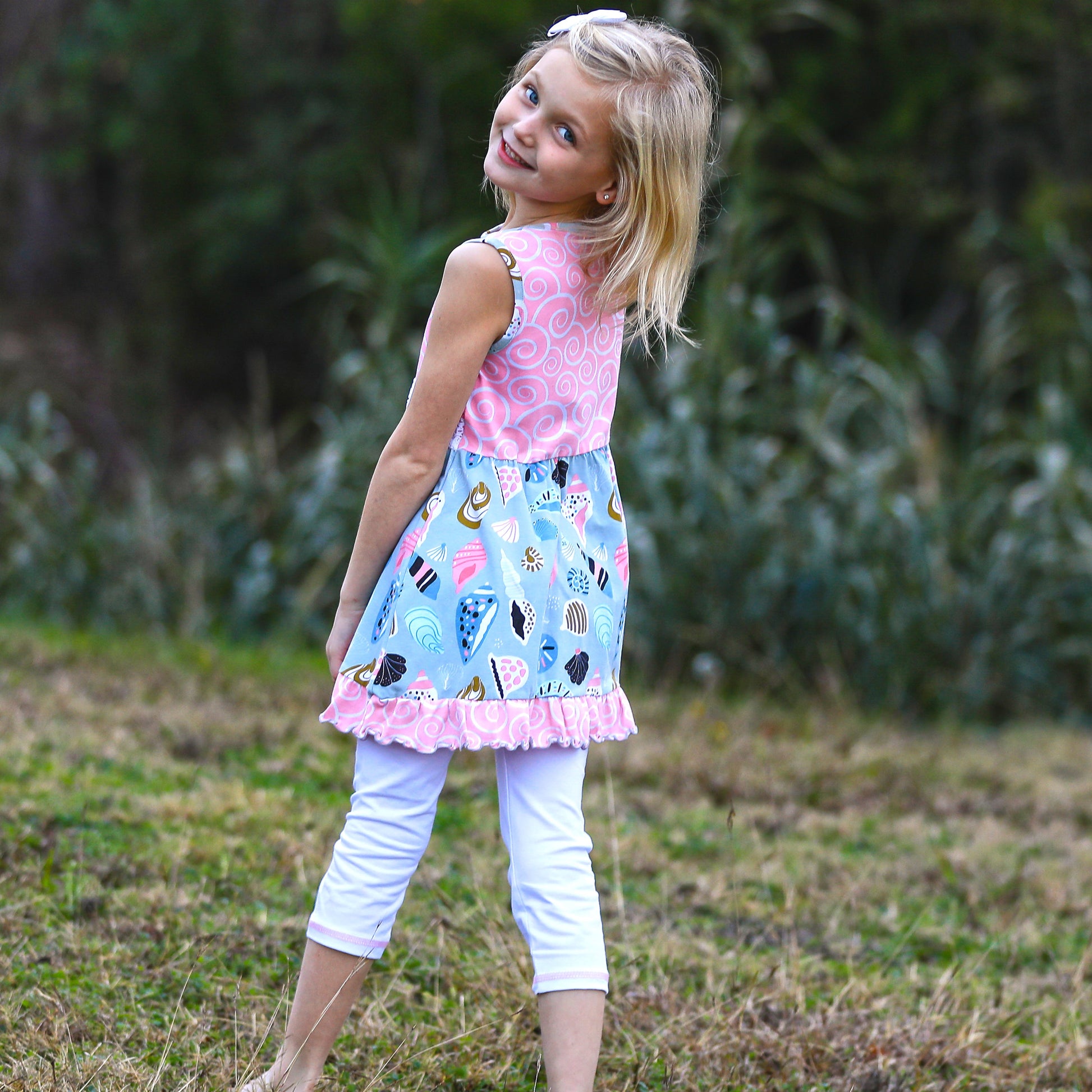 Annloren Girls Seashells & Swirls Dress & White Capri Leggings Boutique Set-AnnLoren-2-3T-Urbanheer