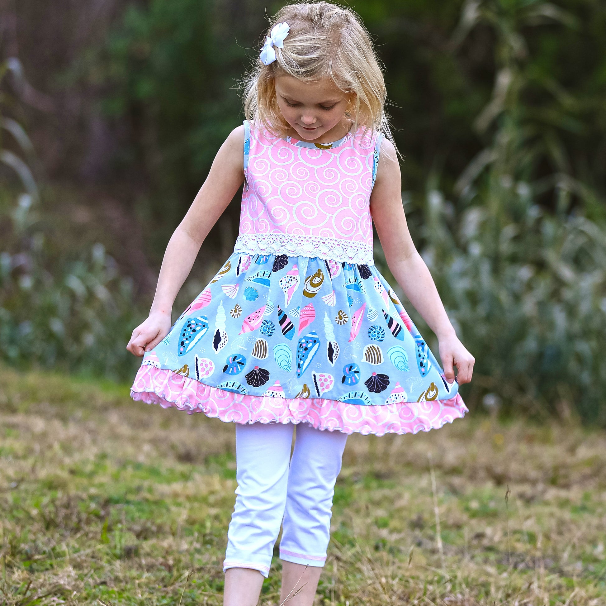 Annloren Girls Seashells & Swirls Dress & White Capri Leggings Boutique Set-AnnLoren-2-3T-Urbanheer