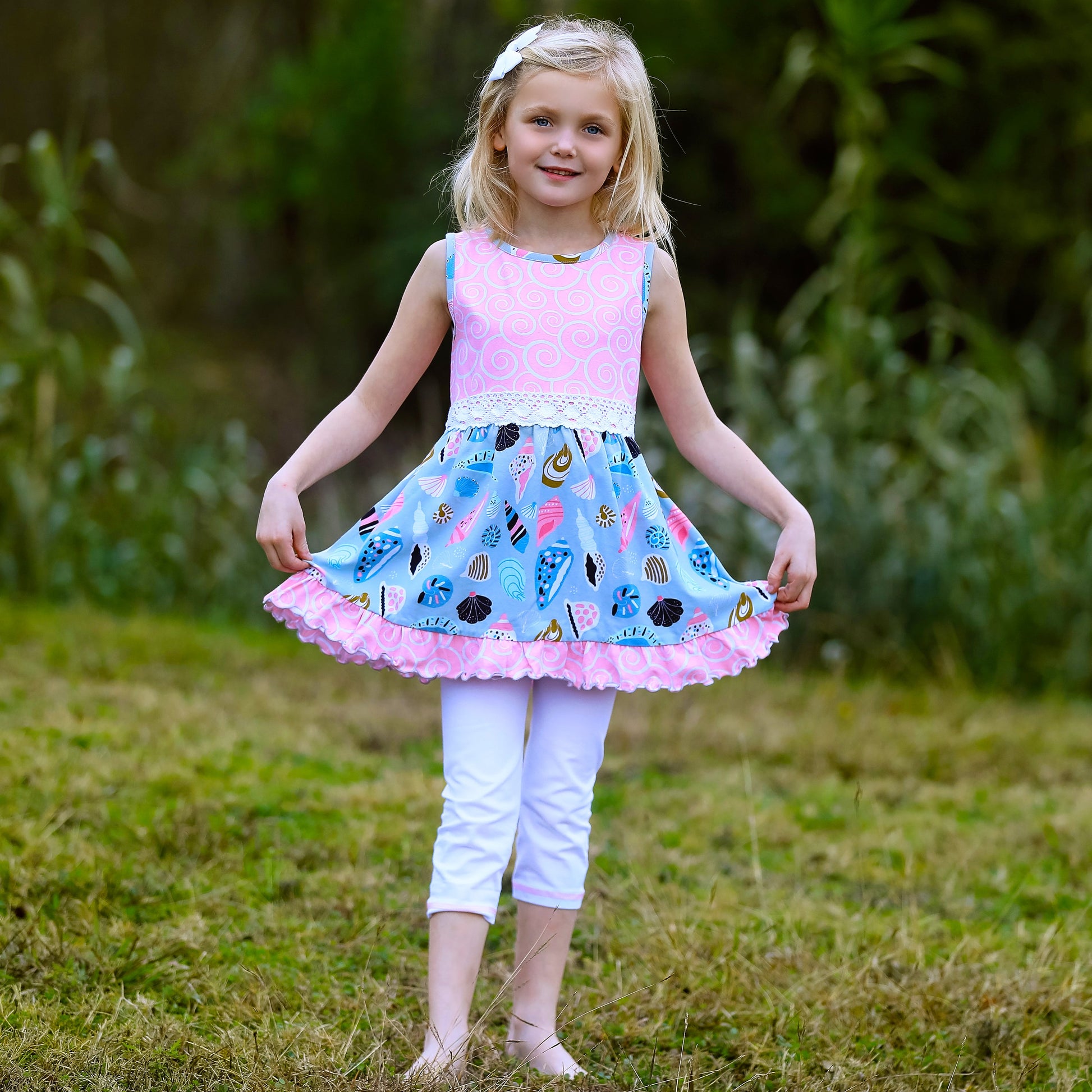Annloren Girls Seashells & Swirls Dress & White Capri Leggings Boutique Set-AnnLoren-2-3T-Urbanheer