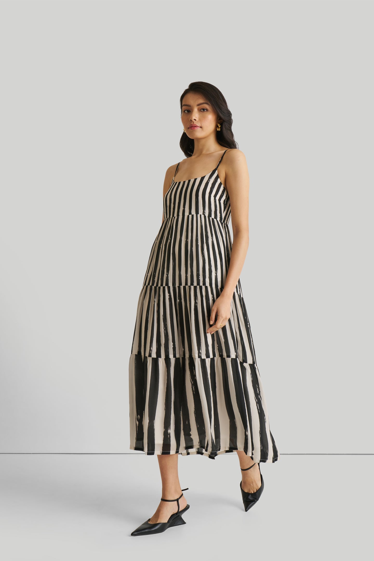 Strappy Tiered Maxi Dress in Black Stripes-DRESSES-Reistor-Striped Down-XS-Urbanheer