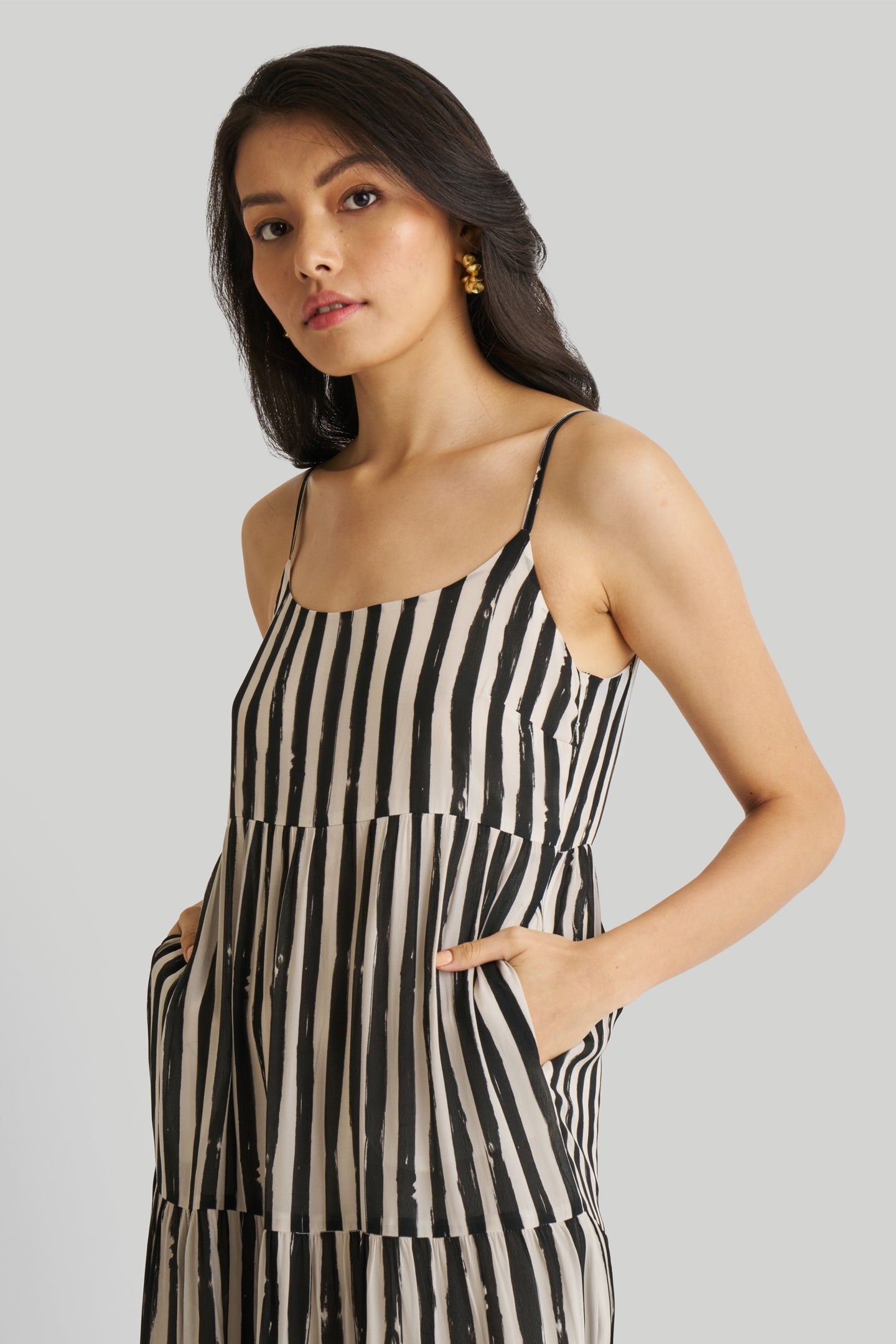 Strappy Tiered Maxi Dress in Black Stripes-DRESSES-Reistor-Striped Down-XS-Urbanheer