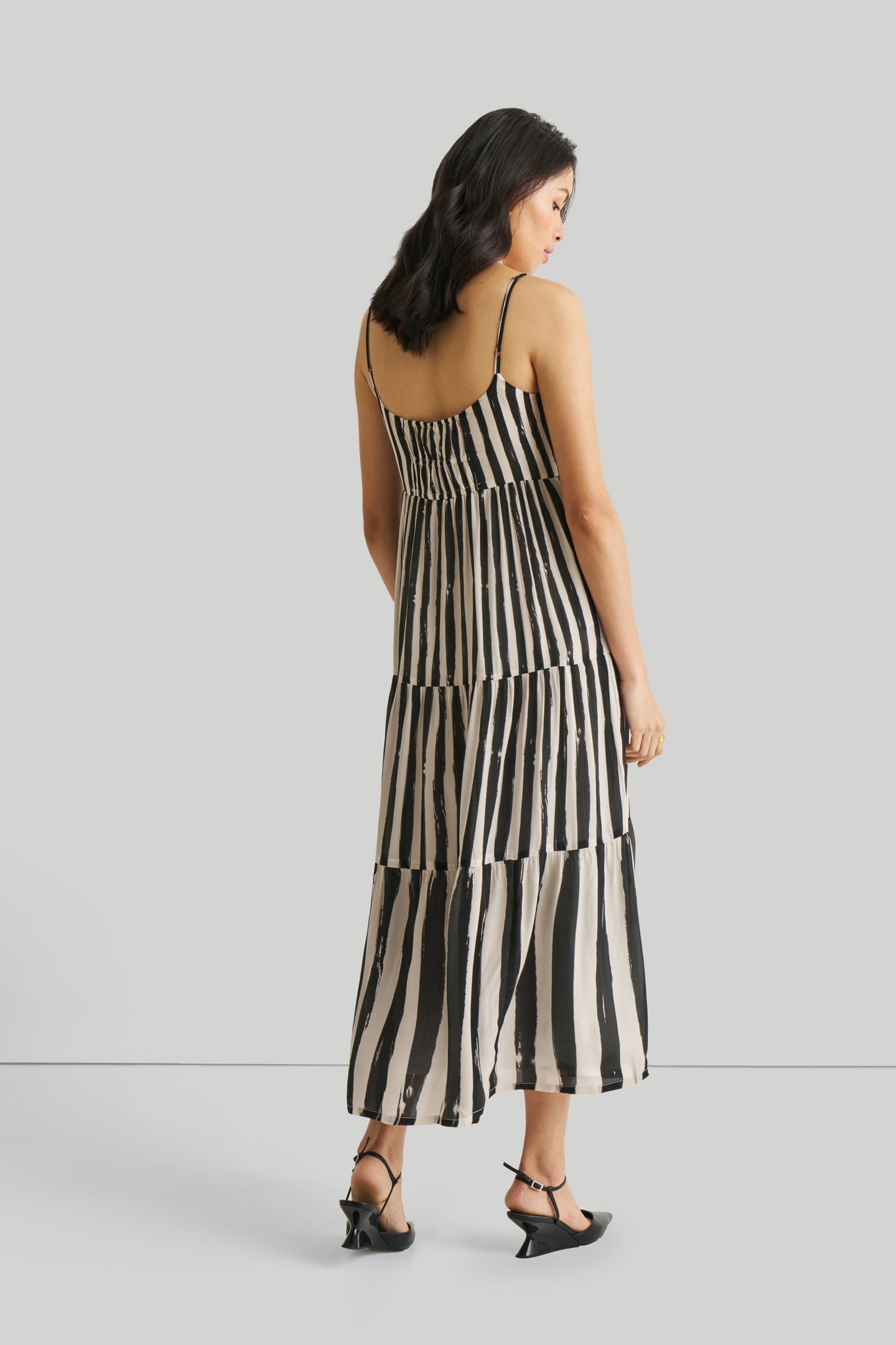 Strappy Tiered Maxi Dress in Black Stripes-DRESSES-Reistor-Striped Down-XS-Urbanheer