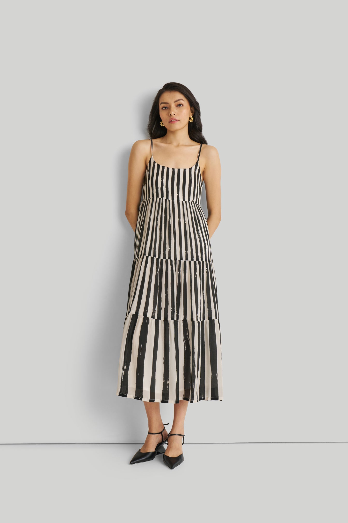 Strappy Tiered Maxi Dress in Black Stripes-DRESSES-Reistor-Striped Down-XS-Urbanheer