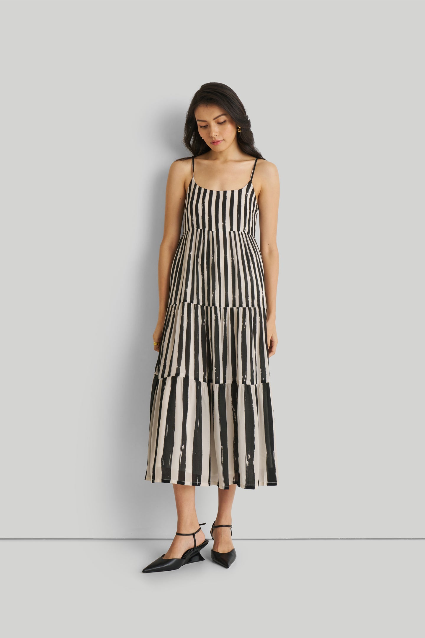 Strappy Tiered Maxi Dress in Black Stripes-DRESSES-Reistor-Striped Down-XS-Urbanheer