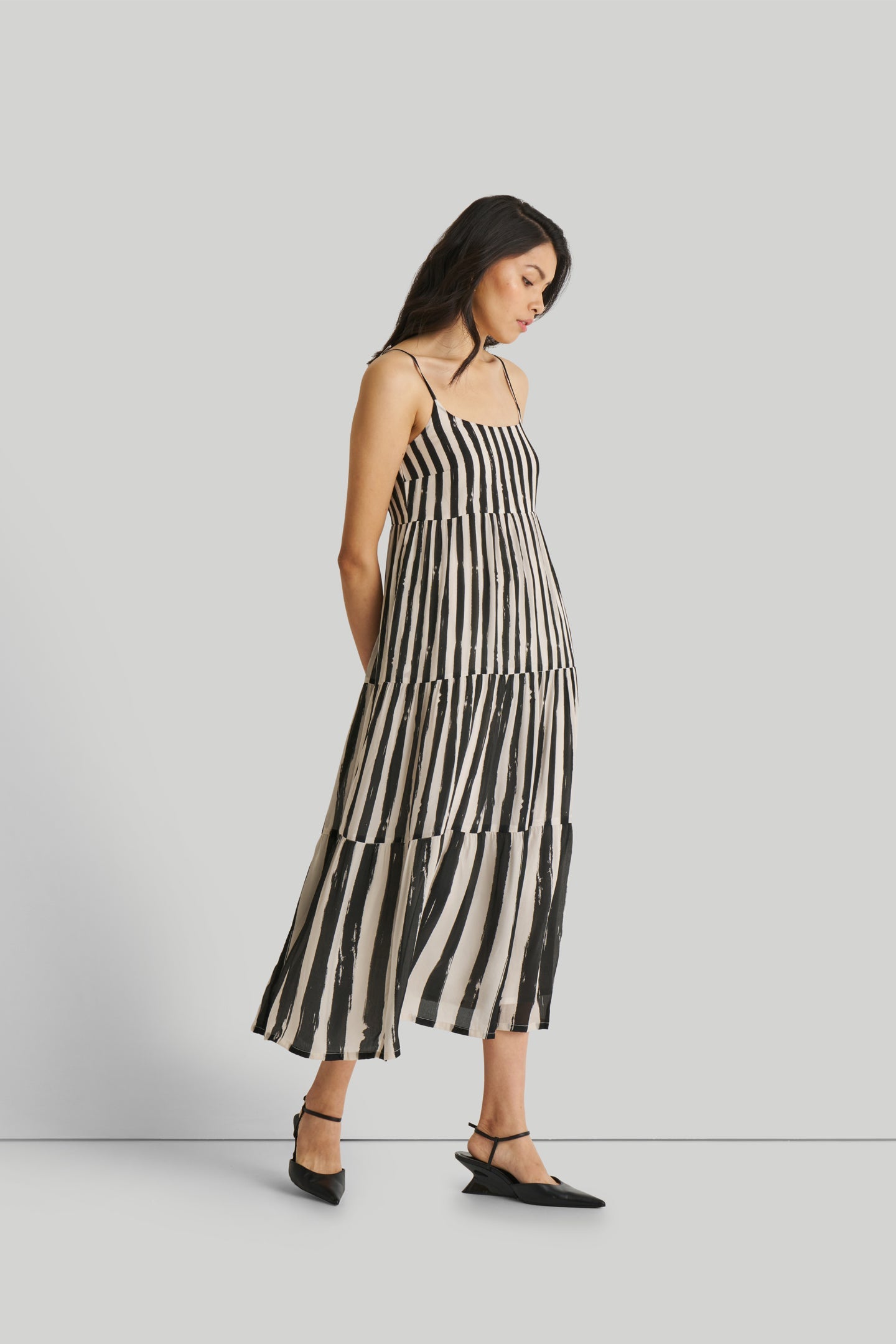 Strappy Tiered Maxi Dress in Black Stripes-DRESSES-Reistor-Striped Down-XS-Urbanheer