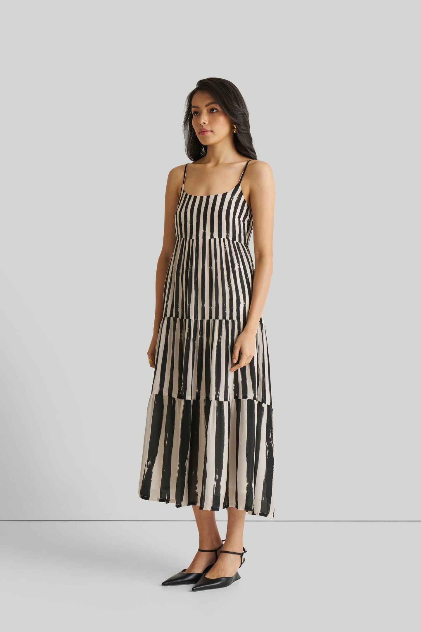 Strappy Tiered Maxi Dress in Black Stripes-DRESSES-Reistor-Striped Down-XS-Urbanheer