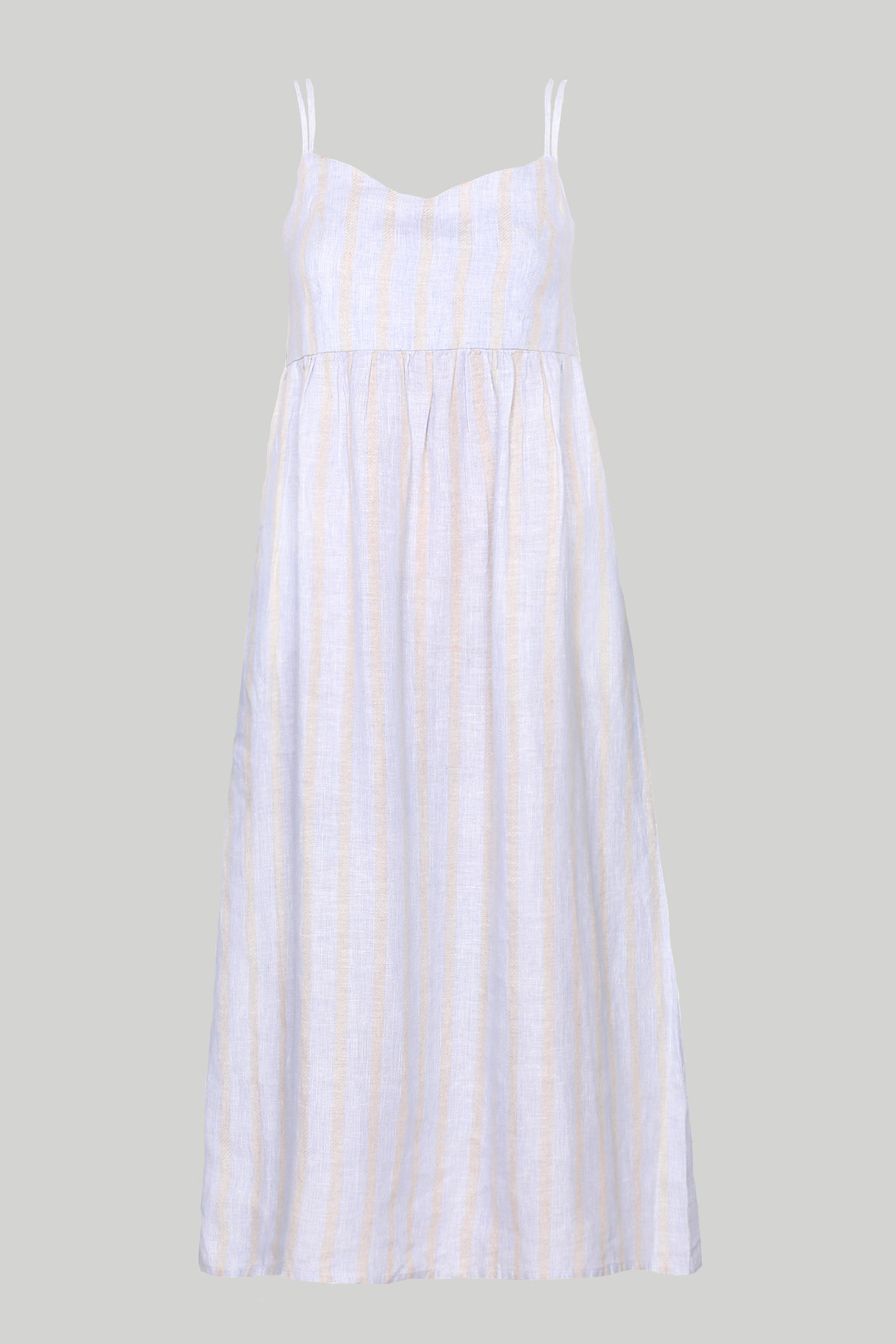 Strappy Gathered Midi Dress in Linen Stripes-DRESSES-Reistor-Textured Stripes-XS-Urbanheer